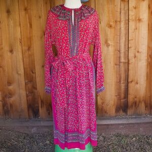 Vintage I. Magnin 100% Silk Fuchsia Long Sleeve Floral Boho Midi Dress Size L